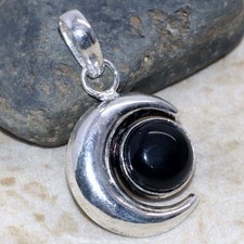 Crescent Moon Black Onyx 925 Silver Plated Pendant 1.5" Independence Day Sale JW