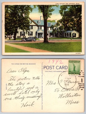 s19571 Lord Jeffery Inn Amherst Massachusetts USA Postkarte 1942 Briefmarke