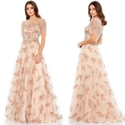Mac Duggal 79317 Embellished Illusion Cap Sleeve A-Line Gown SZ 8 NWT Champagne