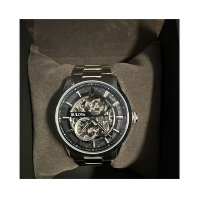 Bulova Skeleton Automatic 21J 30m Steel Bracelet Black/Silver Dial Box