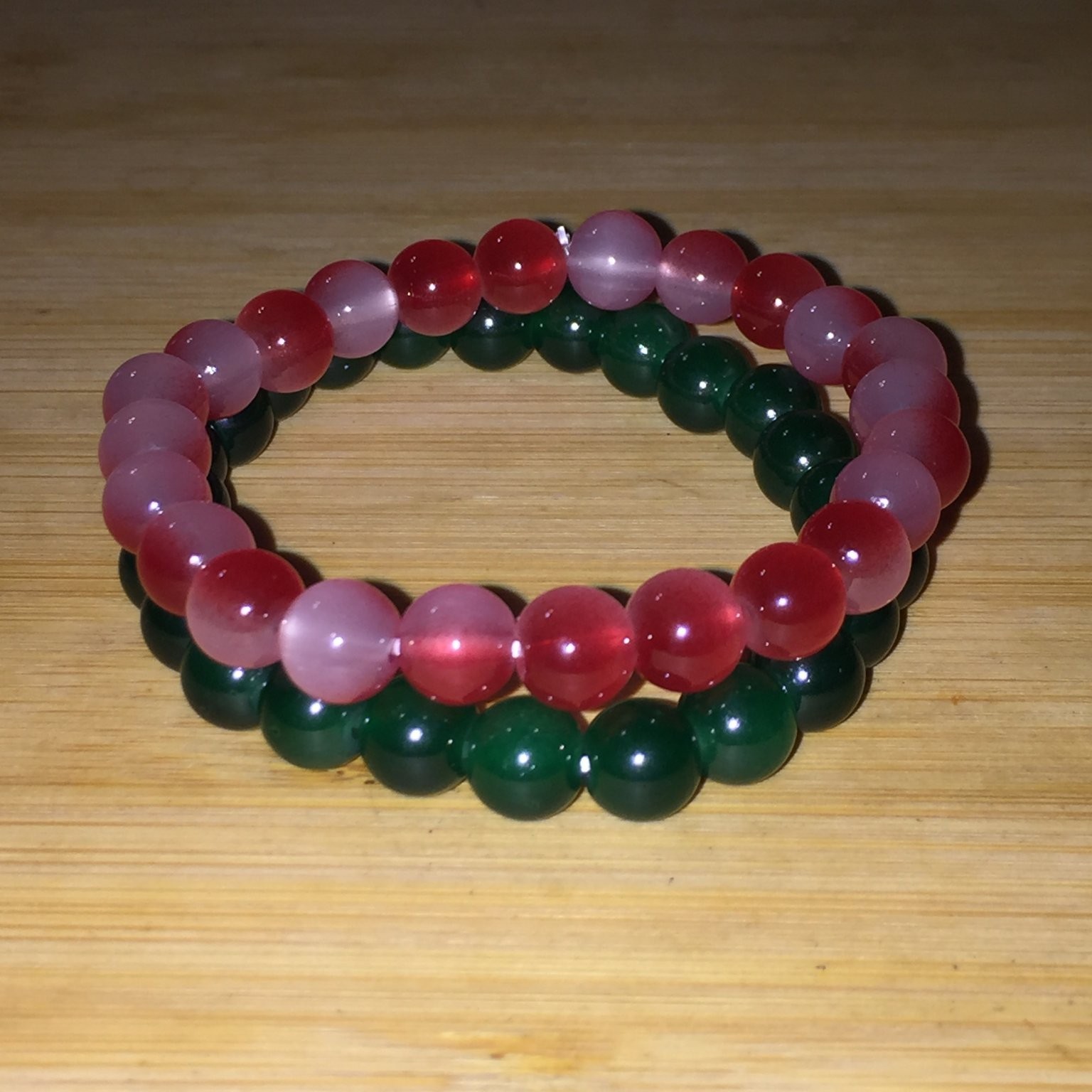 Artisan Glass Beaded Stretch Bracelet Set Green Red Pink Gemstone Style