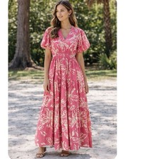 Jodifl Pink Floral Maxi Dress Puff Sleeve Sz Small Tiered Boho Cottage core chic