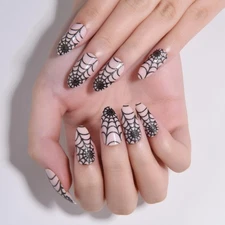 Nude Pink Halloween Press on Nails Short Almond with Cobweb Designs, Short Al...