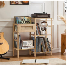 LELELINKY Record Player Stand, Natural Oak Wood Record Holder with Vinyl Storage