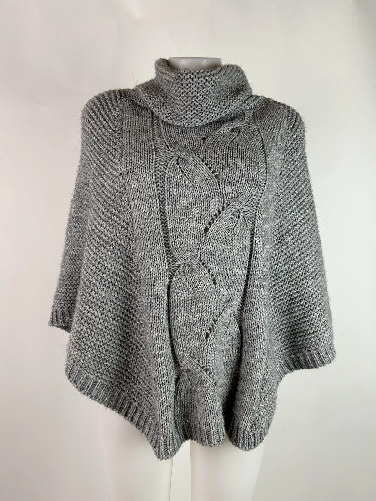 Elsamanda One Size Gray Knit Poncho Cape Wool Alpaca Blend Cowl Neck