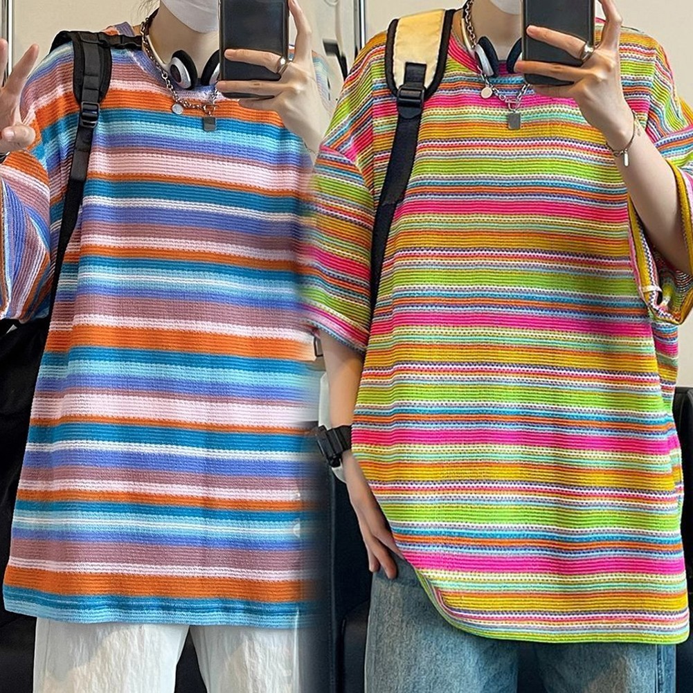 Camiseta de hombre cuello en O manga corta con rayas de colores para look informal