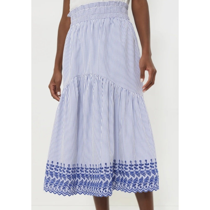 TUCKERNUCK Cinza Embroidered Midi Skirt Blue Stripe Pull On Women's M