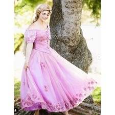 Pink Princess Prom Dress 3D Floral Applique Short Sleeves Vintage Victorian Gown