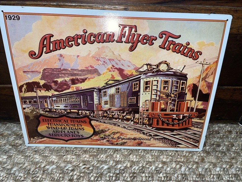 VINTAGE AMERICAN FLYER TRAINS REPRO TIN ADVERTISING EMBOSSED SIGN 16.5' X 12"