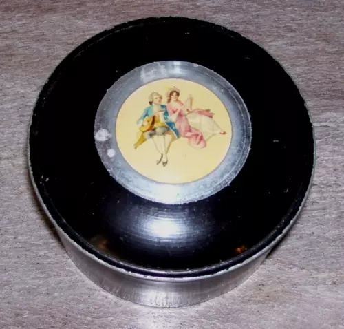 Vintage Aluminum Powder box Victorian Man and Woman on Lid