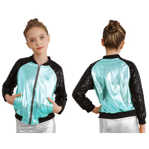 Girls Boys Metallic Bomber Moto Jacket Coat Hip Hop Jazz Modern Dance Disco Top - Picture 45 of 117