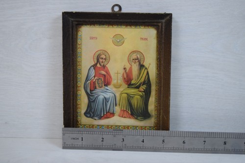 Antica icona da collezione di Sfânta Treime La Santissima Trinità litografia incorniciata - Foto 6 di 7