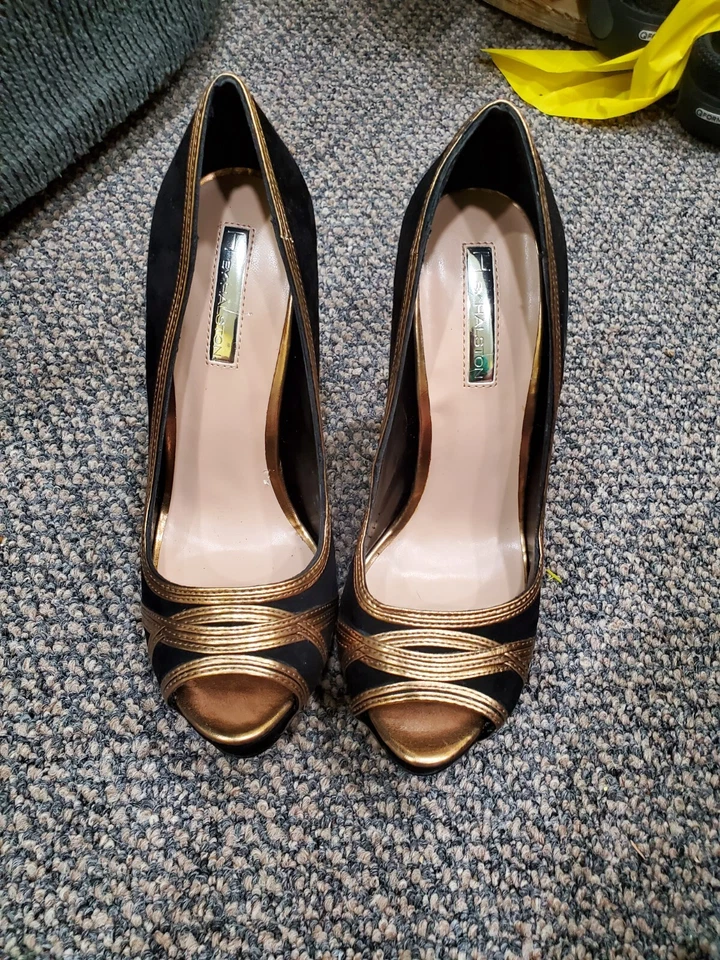 H by halston Zapatos Mujer Talla 7 Gamuza Dorado Negro Metálico Peep Toe Tacones Club Foto 3 de 4