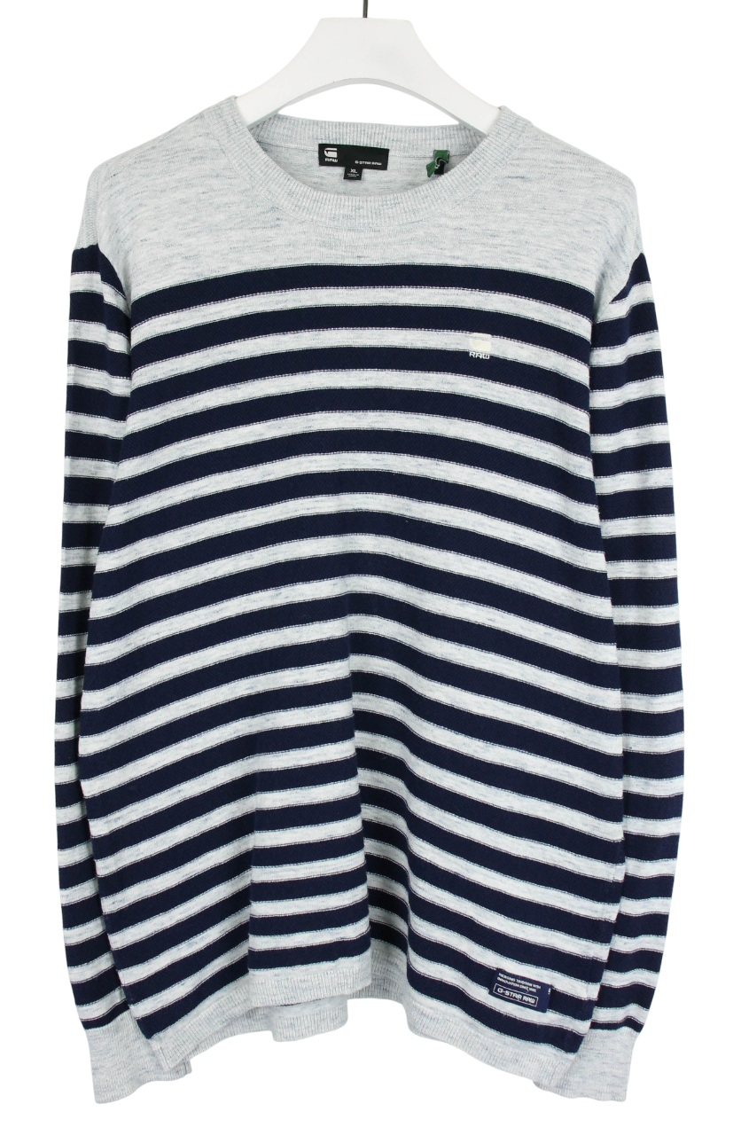 G-STAR Jumper Men's XL Striped Crew Neck Knitted Grey Blue Logo Pullover