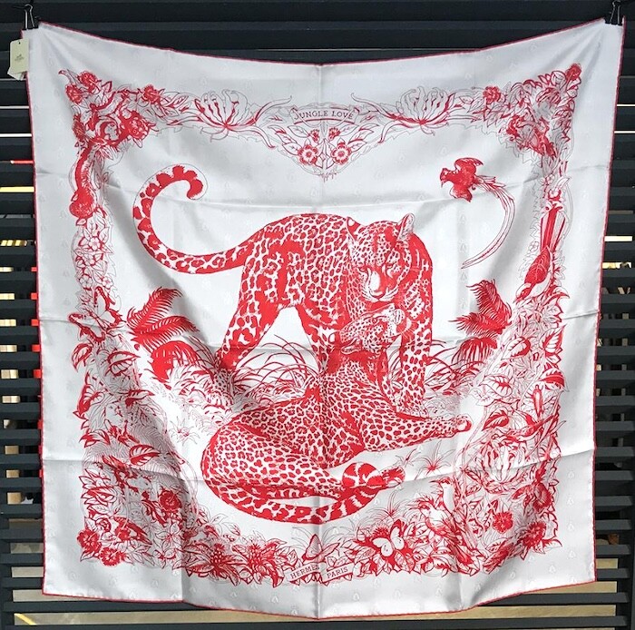 Hermes Scarf Stole Jungle Love Tattoo Red Leopard Silk Embroidery