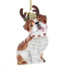 Glass Dog ENGLISH BULLDOG w/Antlers Christmas Ornament
