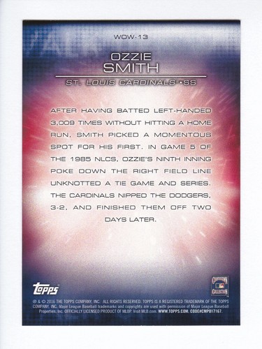 2016 Topps Series 1 #WOW-13 OZZIE SMITH St. Louis Cardinals WALK-OFF WINS Insert - 第 2/2 張圖片