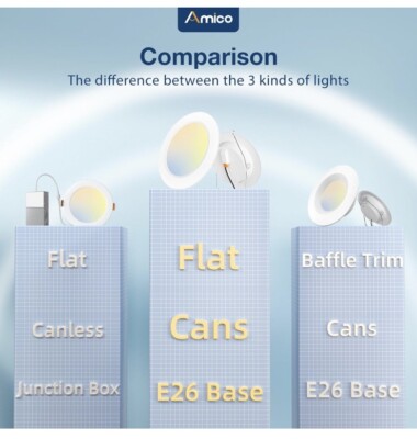 Amico 5/6" Recessed LED Lights – 12 Pack, 5CCT Selectable (2700K-6000K), 12W (110W Eq), 1050LM, Dimmable, E26 Base, ETL Listed