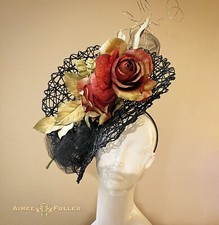 Aimee Fuller Kentucky Derby Black Gold Large Fascinator Hat Red Rose Christmas