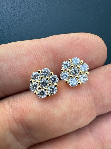 Cluster Flower Set Earrings Real 14k Gold Over 925 Silver 6-12mm Iced CZ Stones - Picture 15 of 24