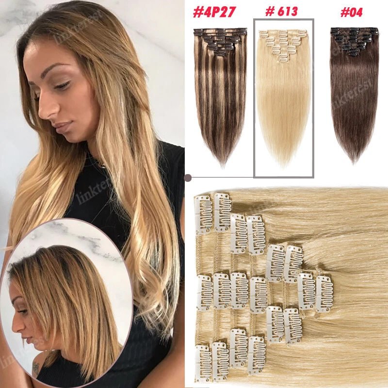 Extensiones de cabello humano 100 % real con clip de Estados Unidos cabeza completa resaltado 18" 20" 22" Foto 4 de 4