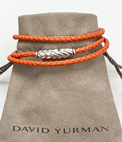 David Yurman 925 Sterling Silver Chevron Triple Wrap Orange Leather Bracelet M