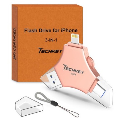 USB 3.0 Flash Drive for iPhone 256GB: MFi Certified 3in1 External Memory Phot...