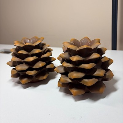 PartyLite Pinecone Candle Holders Set of 2 Brown Rustic Fall Decor