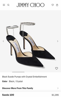 Jimmy Choo Saeda 100 Black Suede Pumps with Crystal Embellishment