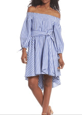 ELIZA J Dress Off Shoulder Smocked Waist Tie Asymmetric Dress Blue Ivory Stripe
