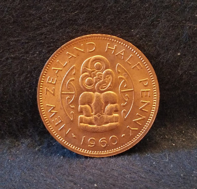 1960 New Zealand half penny, Elizabeth II, mostly red UNC, KM-23.2