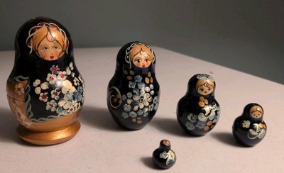 Hand-Painted Matryoshka Nesting Dolls Set 5 Blue Floral Dolls