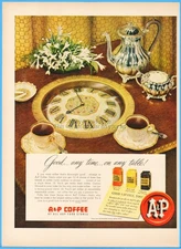 1951 A & P Coffee 1950s Kitchen Decor Ad Clock in Table 1815 English China Cups
