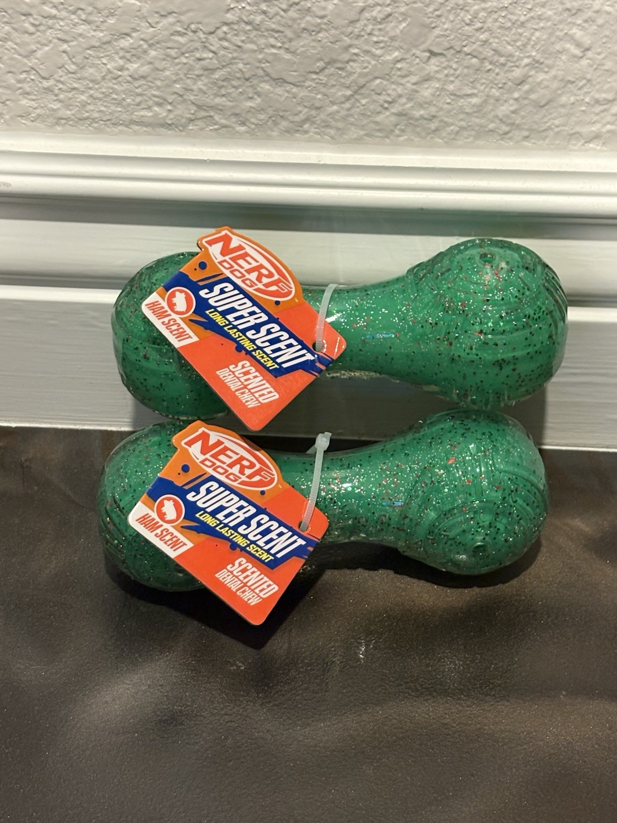 (2) NERF Dog Super Long Lasting Ham Scent Barbell Dental Chews Green Pets 7in