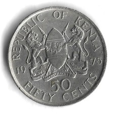 1975 Kenya 50 Cents World Coin - Mintage 8,000,000 - KM# 13