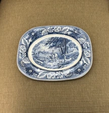 Rare WOOD & SONS ENGLAND WOODLAND Transferware Platter Blue White Pottery Tray