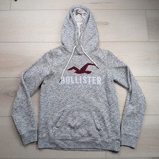 Hollister California Mens Small Gray Marl Pullover Hoodie Burgundy Seagull Logo