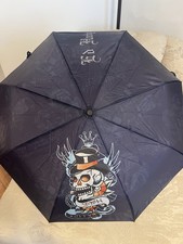 Ed Hardy Blue Skull Top Hat DEH Matching Case Auto Open Umbrella NWT