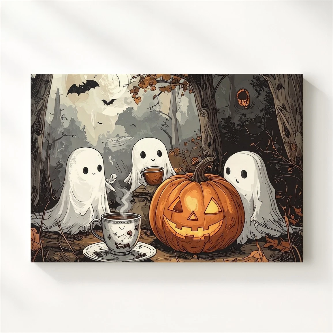 Ghostly Tea Gathering Canvas Outdoor Jack-O�-Lantern Halloween Art Wall Art