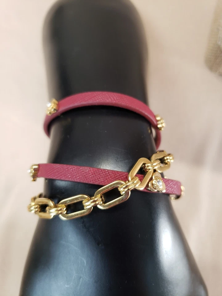 Pulsera Henri Bendel de Colección Chapada en Oro Borgoña Cadena y Envolvente de Cuero Foto 3 de 4