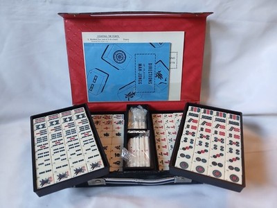 Mahjong Set 144 Bambus Bodenfliesen schwarz Lederetui Mah Jong Jongg Vintage 1