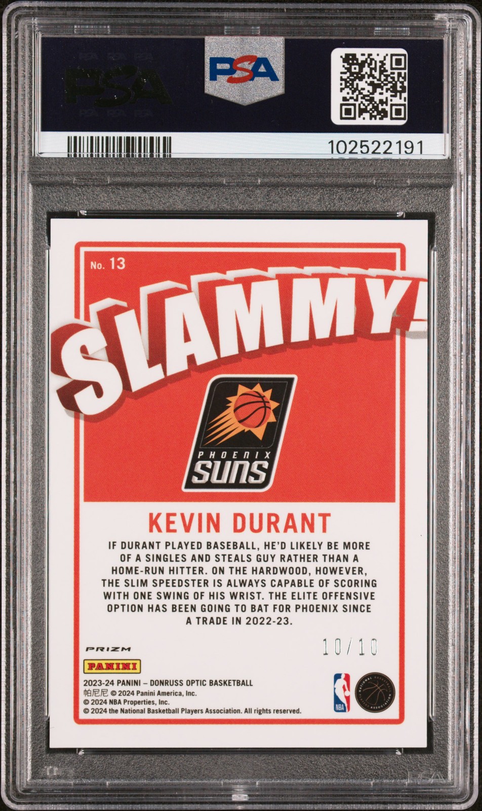 2023-24 Donruss Optic #13 Kevin Durant Slammy! Gold PSA 9 10/10 view 2