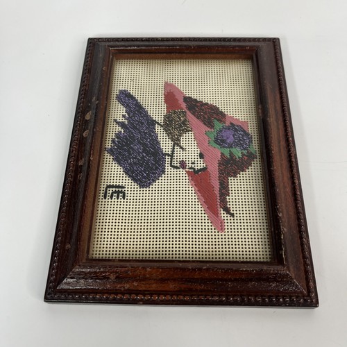 Vintage Wall Art Needlepoint Mini Portrait Woman With Hat Decor Wood Frame - Picture 4 of 7