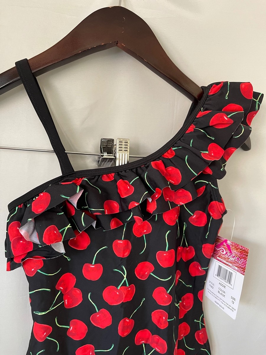 KANU Surf Girls Black/Red Cherries Patterned Ruffle Top One-Piece