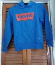 Levi Boy's Graphic Logo Pullover Fleece Hoodie With Front Pocket Blue Sz S NWT