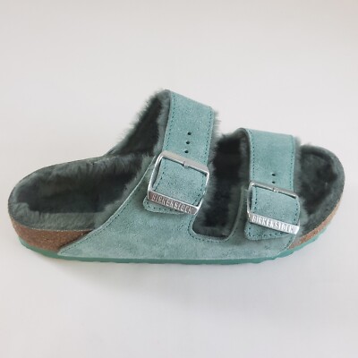 Birkenstock Arizona Shearling Fur Sandals Teal Green 37 240 L6 M4