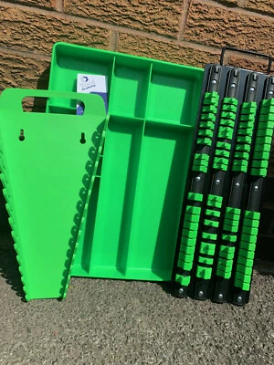 Hi Vis GREEN Tool Storage Set - Spanner Rack Socket Holder and Parts Tray