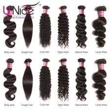 UNice 7A Indian Curly/Body Wave/Straight Human Hair Extensions 1/3 Bundles Black