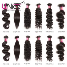 UNice 7A Indian Curly/Body Wave/Straight Human Hair Extensions 1/3 Bundles Black