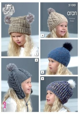King Cole Aran Knitting Pattern - 5100 Children's Hats